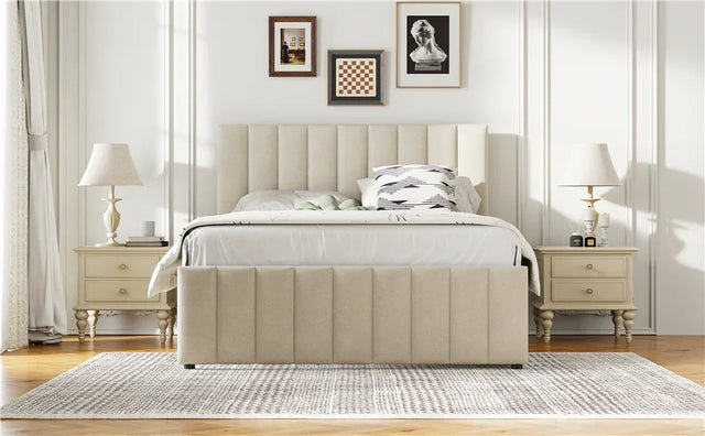 Full Full Size Upholstered Linen Platform Bed With Trundle - Omega Lifestyles