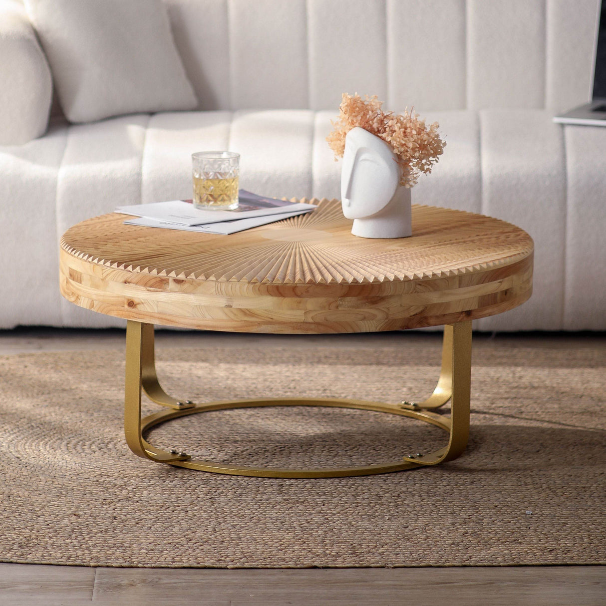 Modern Round Carved Pine Wood Coffee Table - Sleep Galleria
