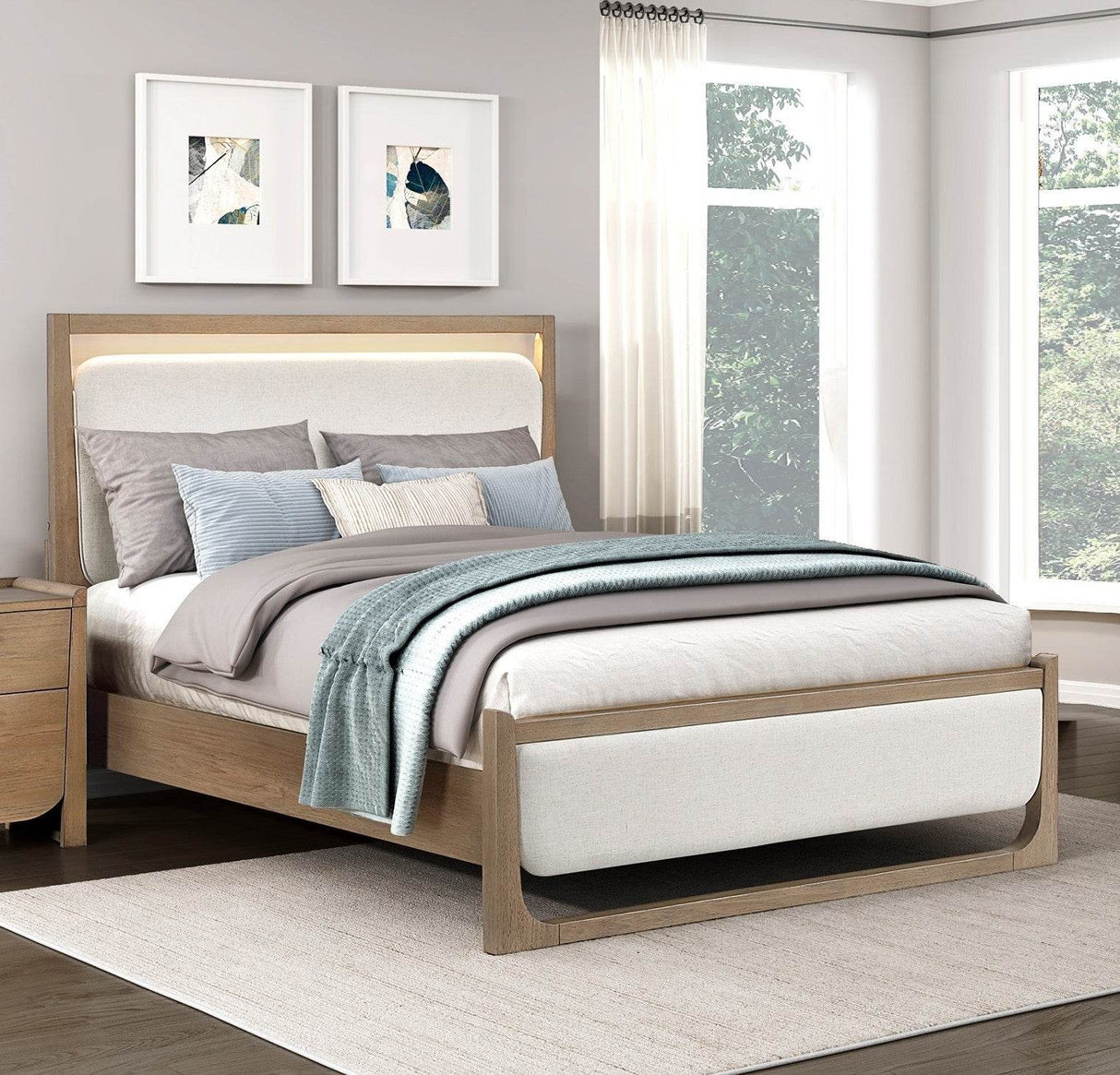 Contemporary Light Brown Wood Upholstered LED Bed Frame - Omega Lifestyles