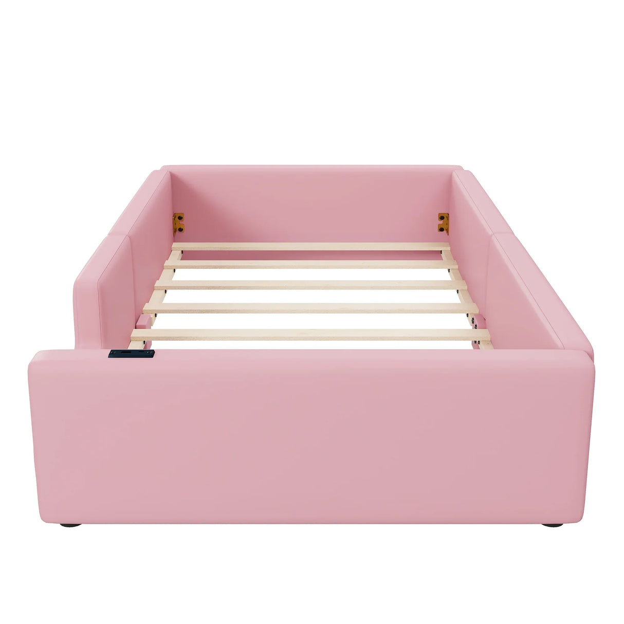Twin Pink Upholstered Platform Bed With Guardrail Charging Station - Omega Lifestyles