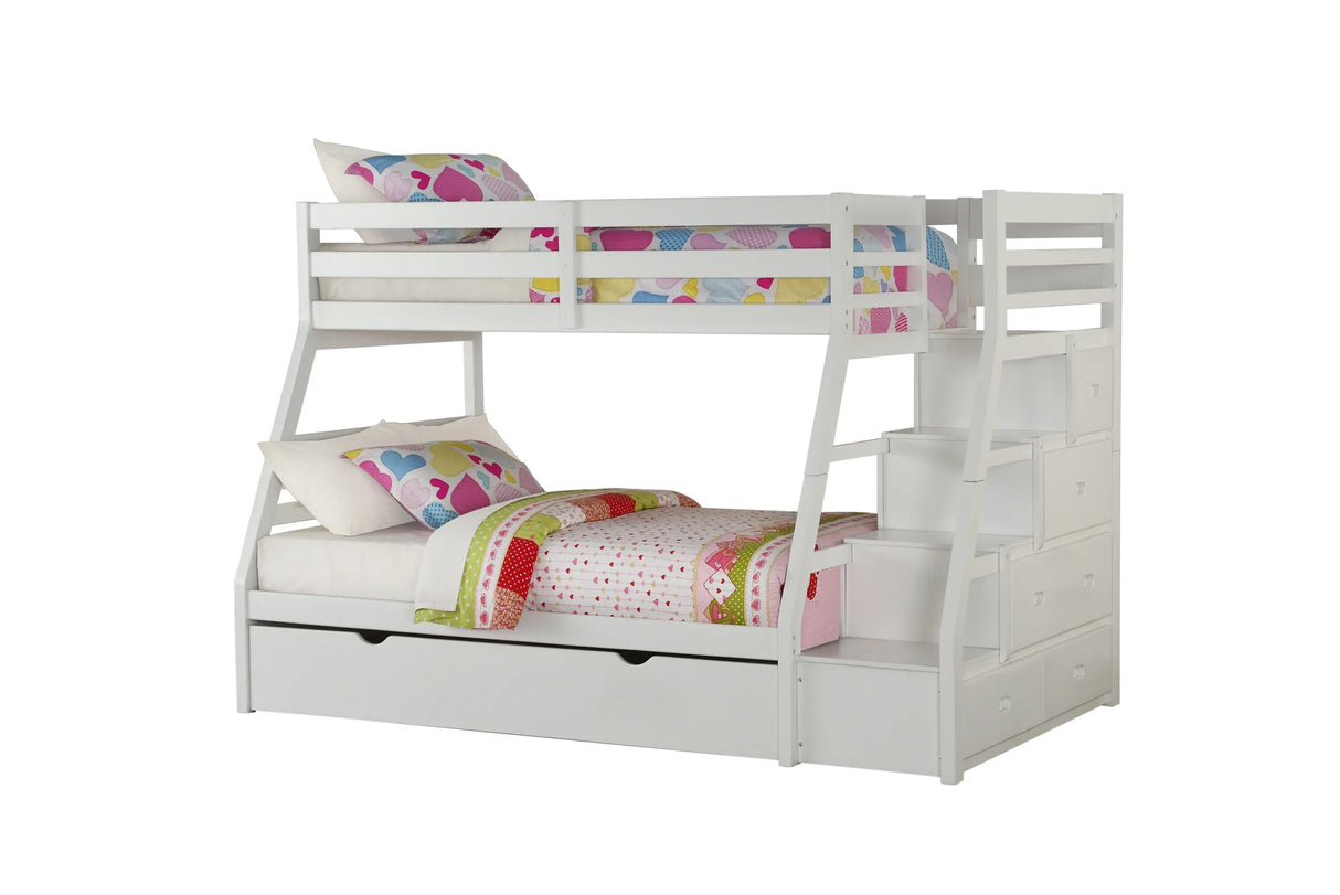 Twin Full White Synthetic Wood Bunk Bed With Trundle Storage - Omega Lifestyles