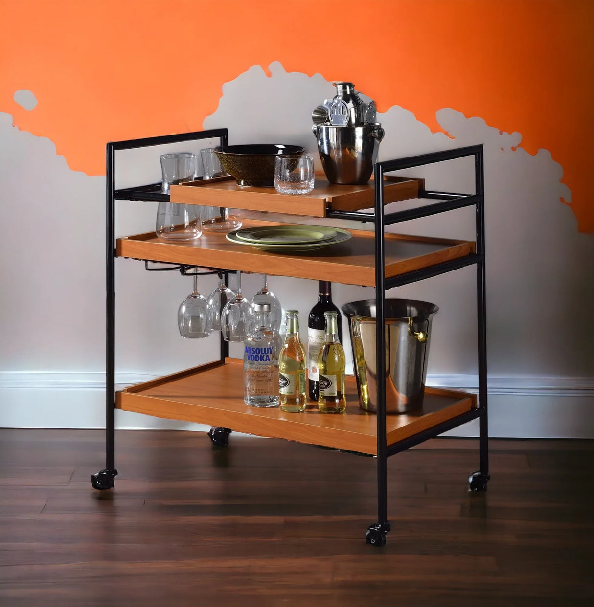 Oaken Black And Oak Finish Metal Serving Cart - Omega Lifestyles