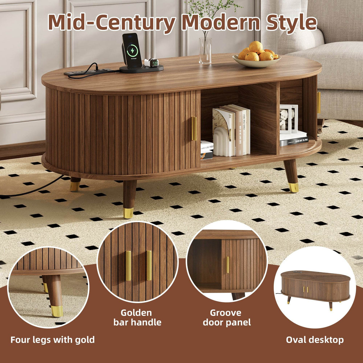 Mid-Century Modern Walnut Coffee Table With Charging Station - Sleep Galleria