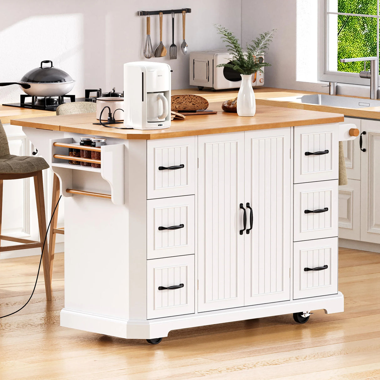 Rustic White Rubber Wood Rolling Kitchen Island Cart - Omega Lifestyles