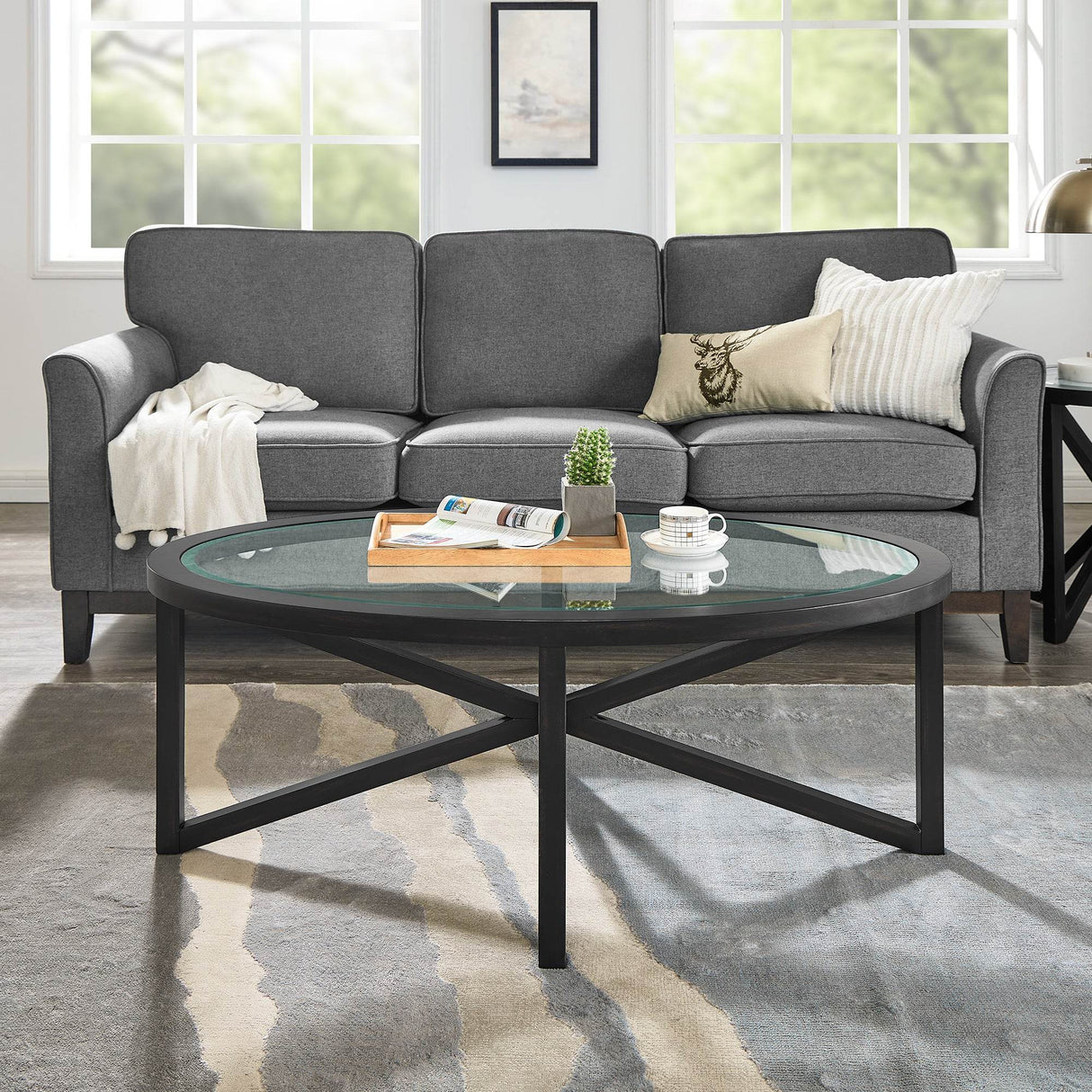 Modern Round Tempered Glass Coffee Table With Wood Base - Sleep Galleria