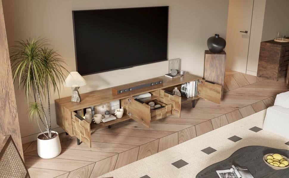 Natural Wood Checkered Pattern TV Stand With Storage - Sleep Galleria