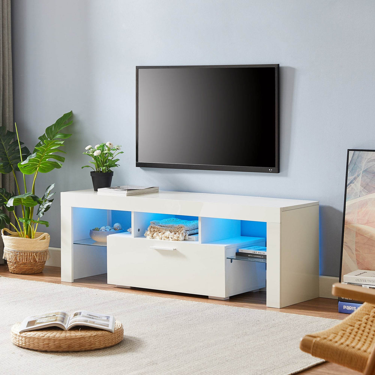 Modern White LED Backlit Particle Board TV Console - Sleep Galleria
