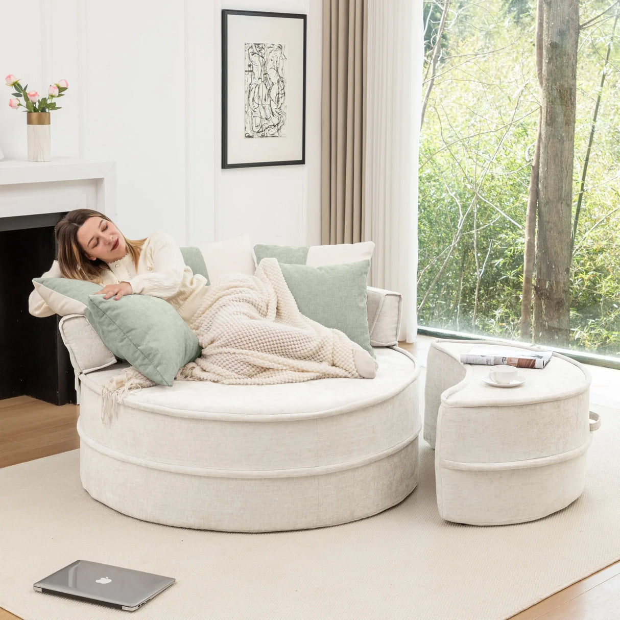 Modern Oversized Chenille Barrel Accent Chair With Ottoman - Omega Lifestyles