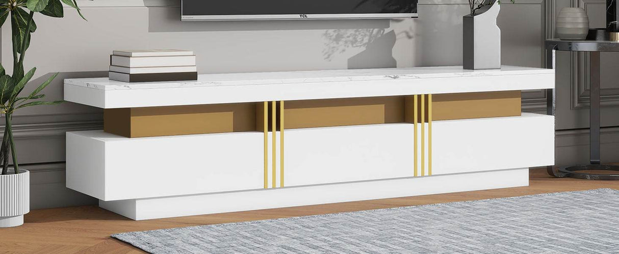 High Gloss White Marble TV Stand With Drawers - Sleep Galleria