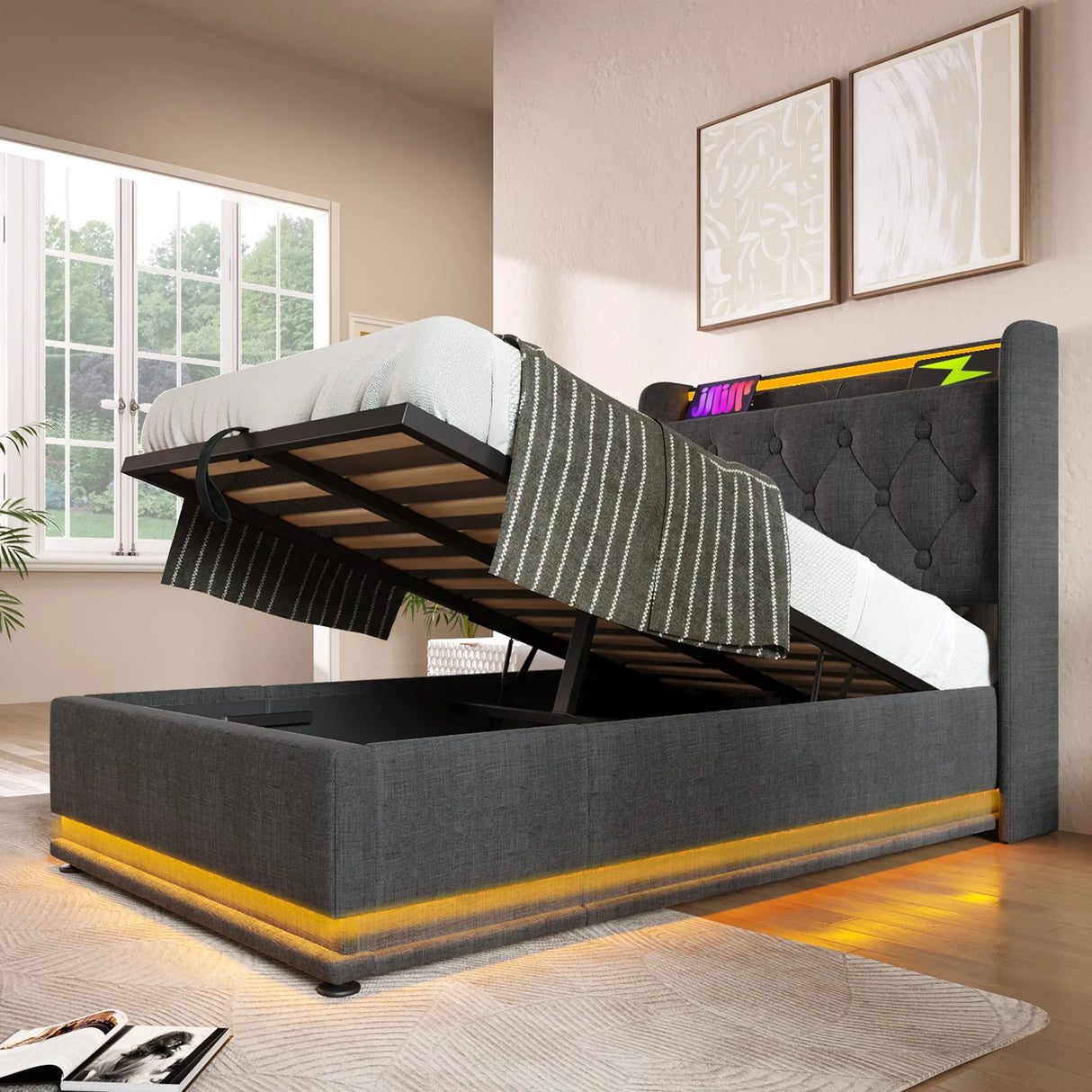 Twin Upholstered Linen Storage Bed With LED Lighting - Omega Lifestyles