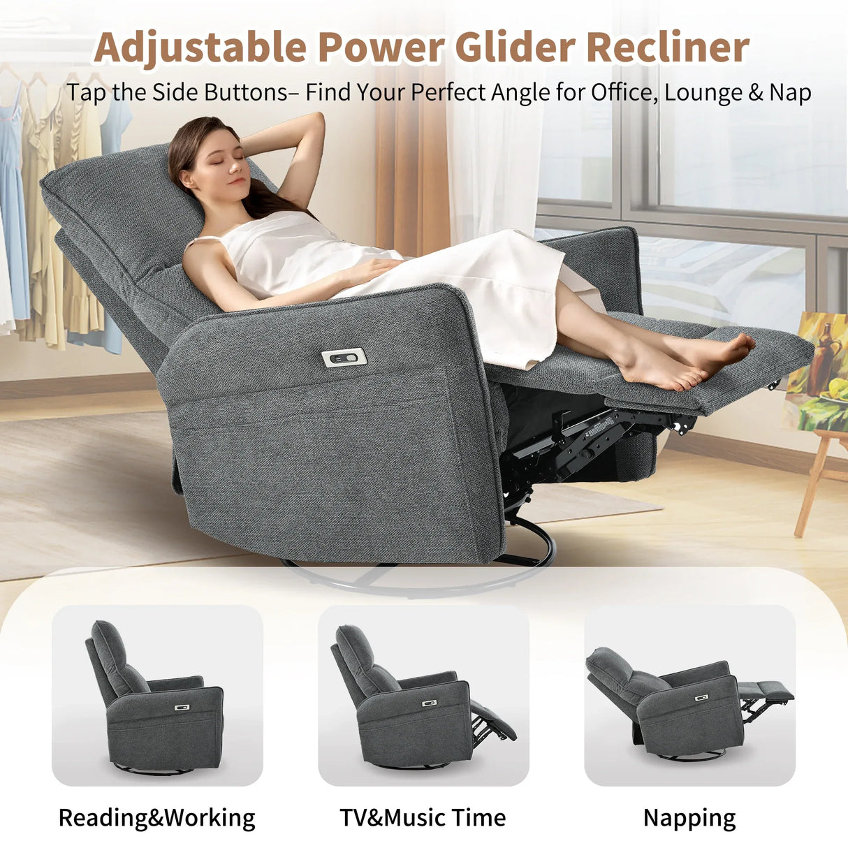 Power Swivel Rocker Recliner Chair With USB Ports - Omega Lifestyles