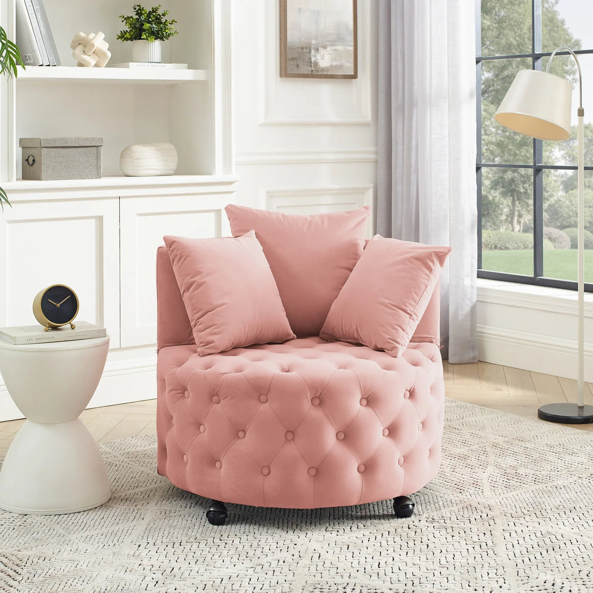 Pink Velvet Upholstered Swivel Chair With Movable Wheels - Omega Lifestyles