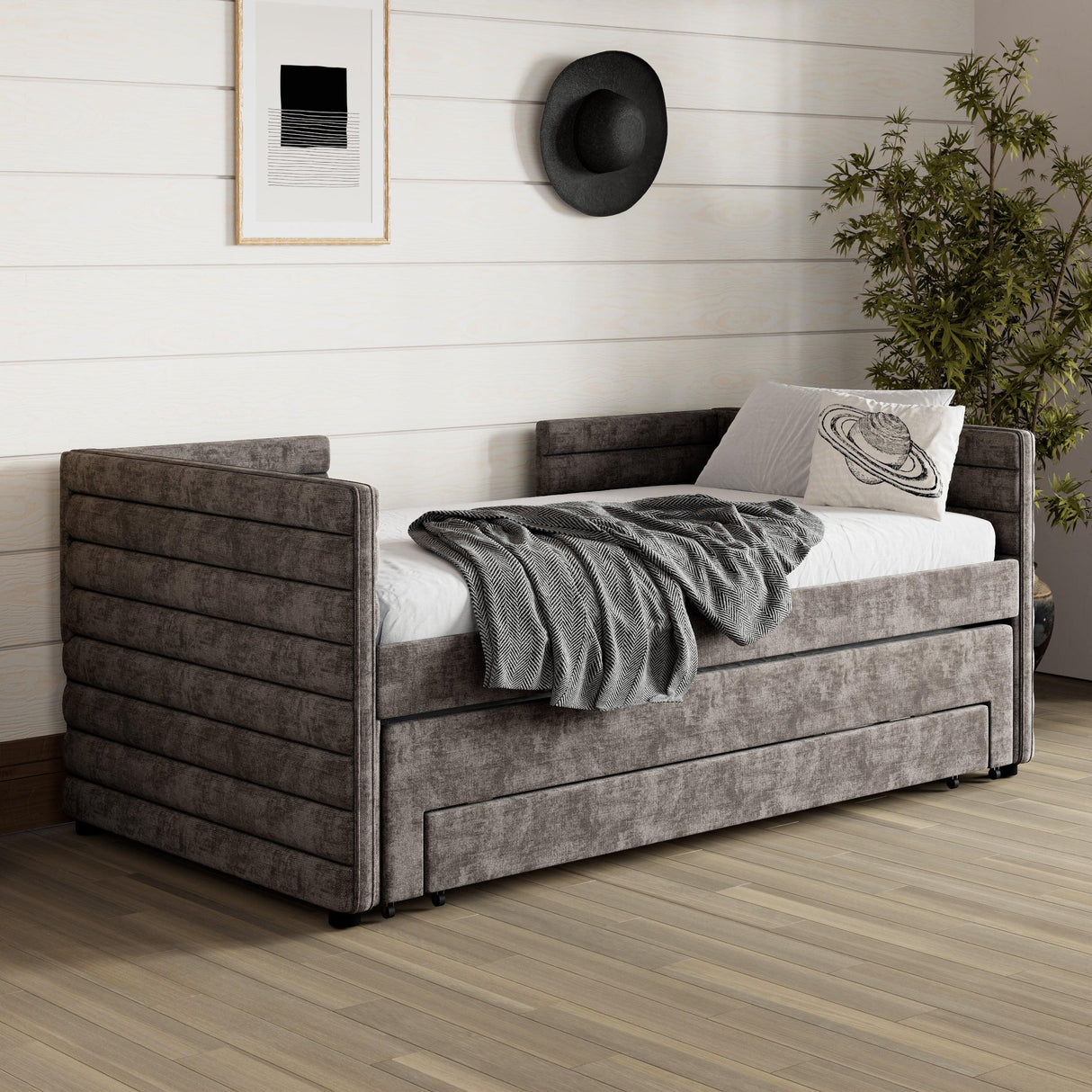 Twin Upholstered Chenille Daybed With Trundle And Drawers - Omega Lifestyles