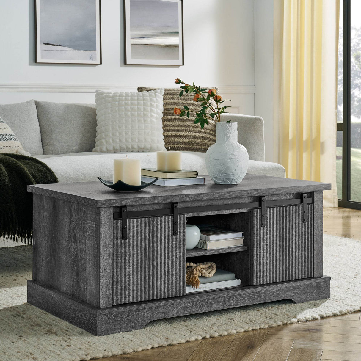 Rustic Grey MDF Sliding Barn Door Coffee Table - Omega Lifestyles