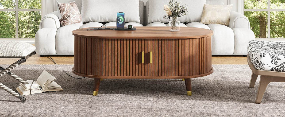 Mid-Century Modern Walnut Coffee Table With Charging Station - Sleep Galleria