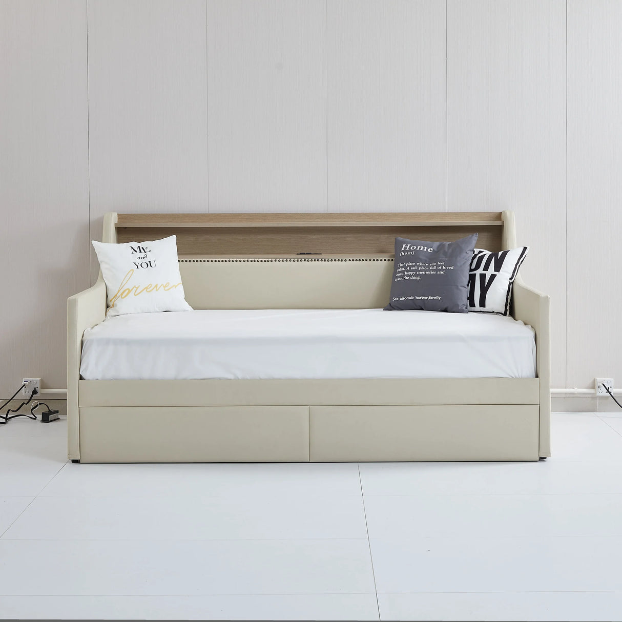 Twin PU Leather Daybed With Storage Drawers Charging Station - Omega Lifestyles
