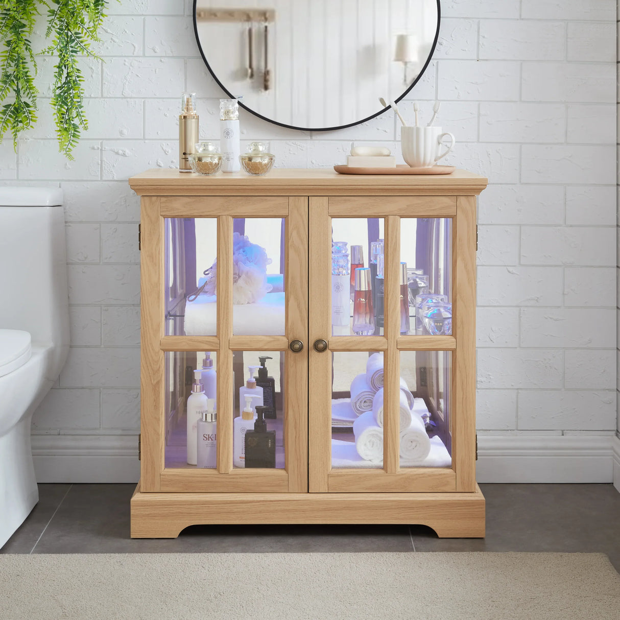 Antique Oak LED Glass Display Cabinet With Adjustable Shelves - Omega Lifestyles