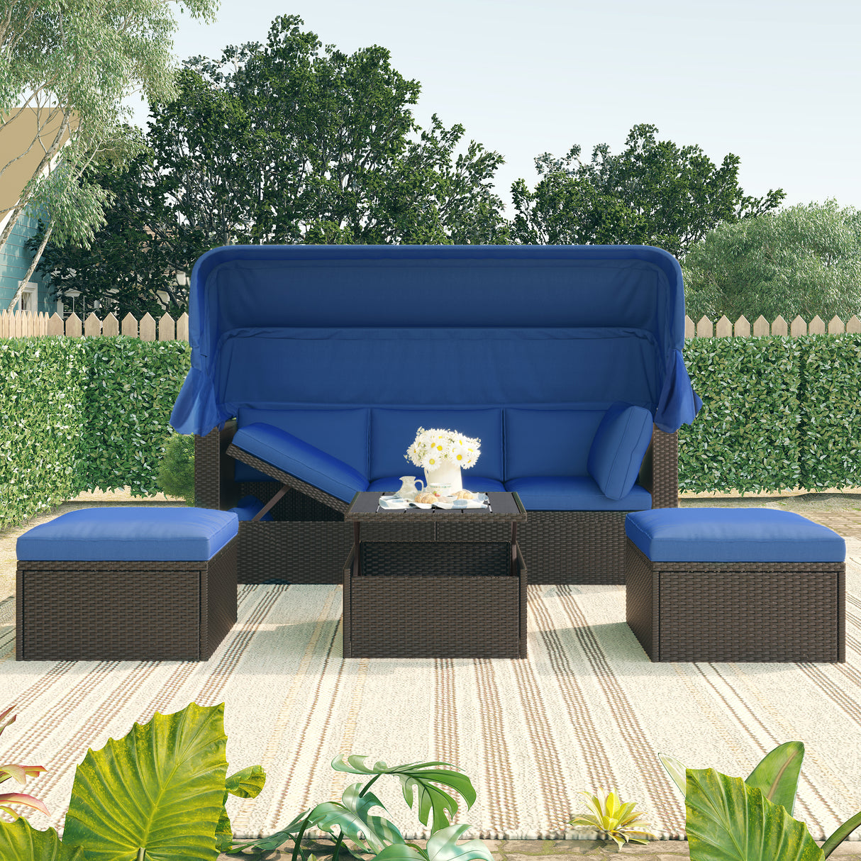 Outdoor Rattan Patio Daybed With Retractable Canopy