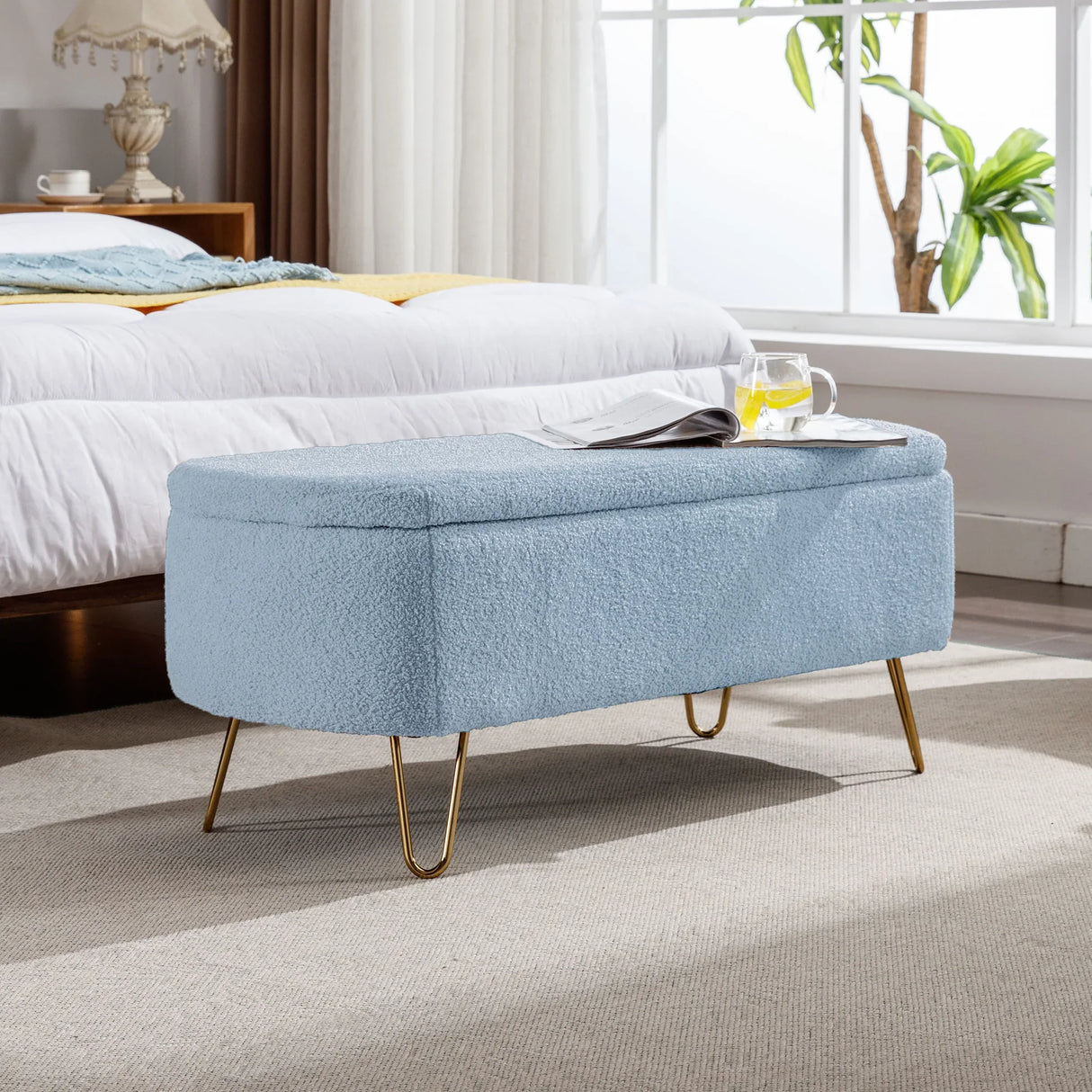 Blue Faux Fur Upholstered Storage Bench With Gold Legs - Omega Lifestyles