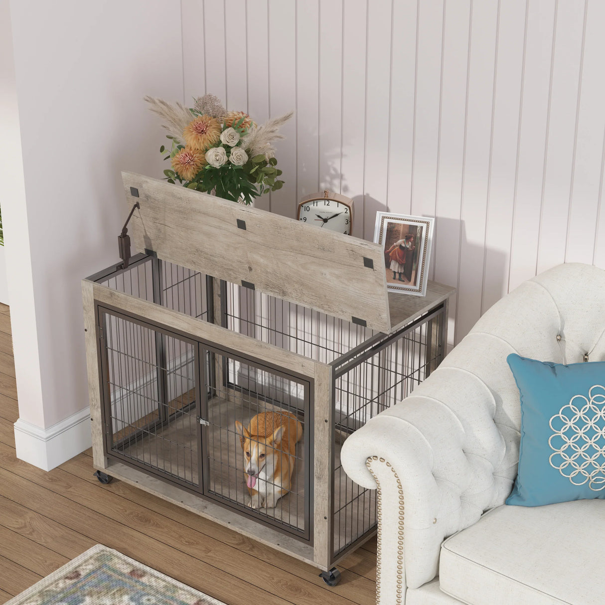 Furniture Style Grey Dog Crate With Rolling Wheels - Omega Lifestyles