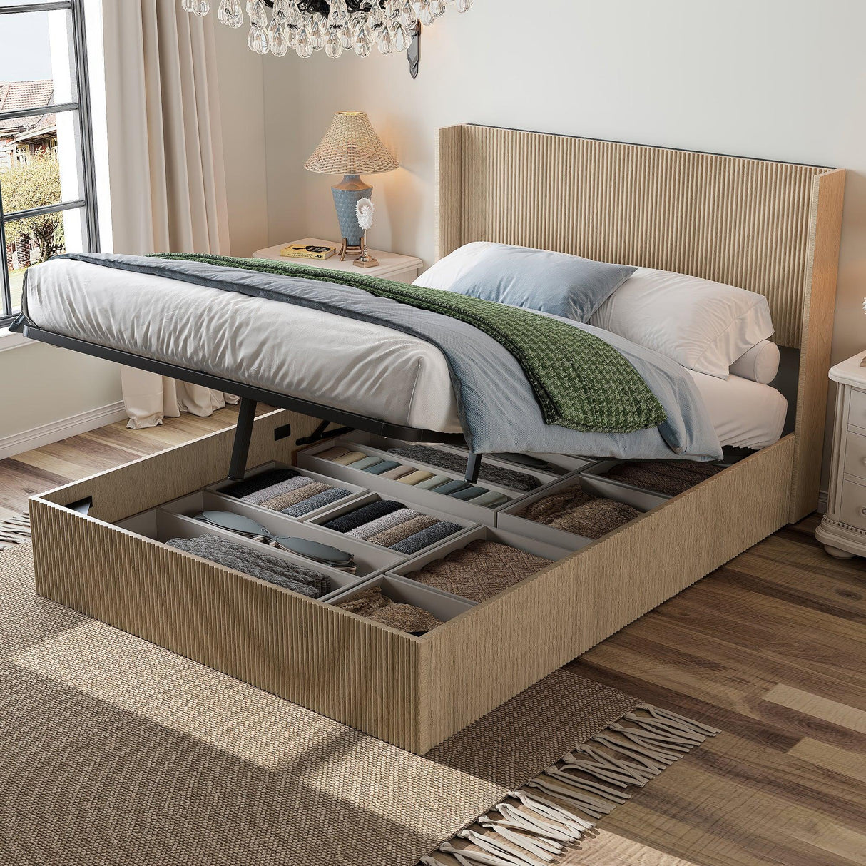 Queen Oak Storage Bed Frame With Gas Lift Mechanism - Omega Lifestyles
