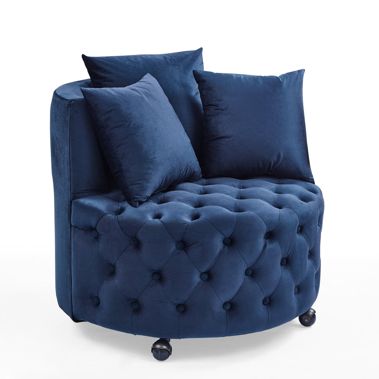 Velvet Upholstered Blue Swivel Chair With Pillows - Omega Lifestyles