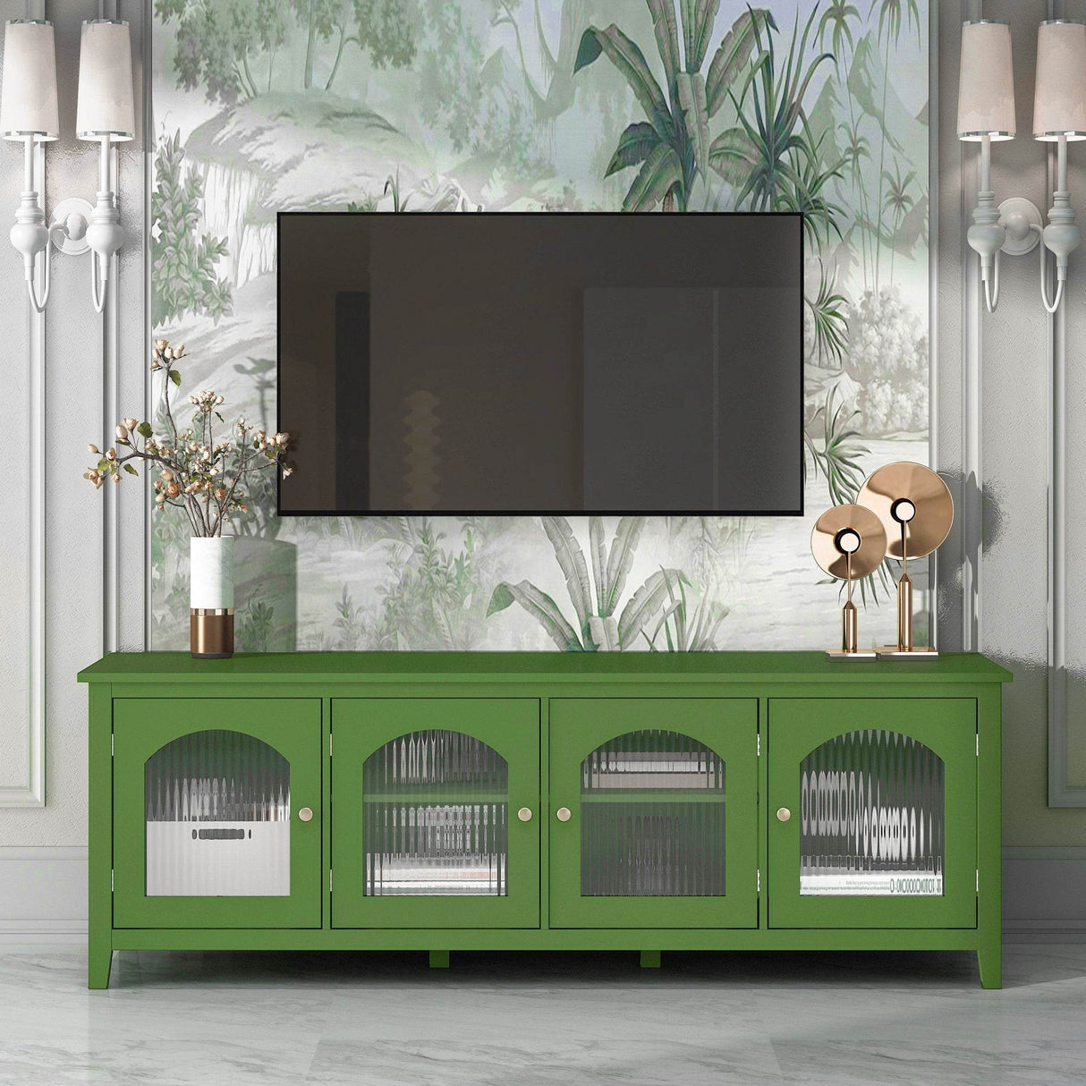 Antique Green Solid Wood TV Cabinet With Glass Door - Sleep Galleria
