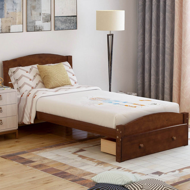 Twin Walnut Solid Wood Platform Bed Frame With Storage Drawer - Omega Lifestyles