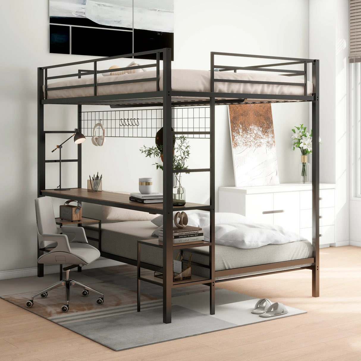 Full Over Twin Metal Bunk Bed With Desk Charging Station - Omega Lifestyles