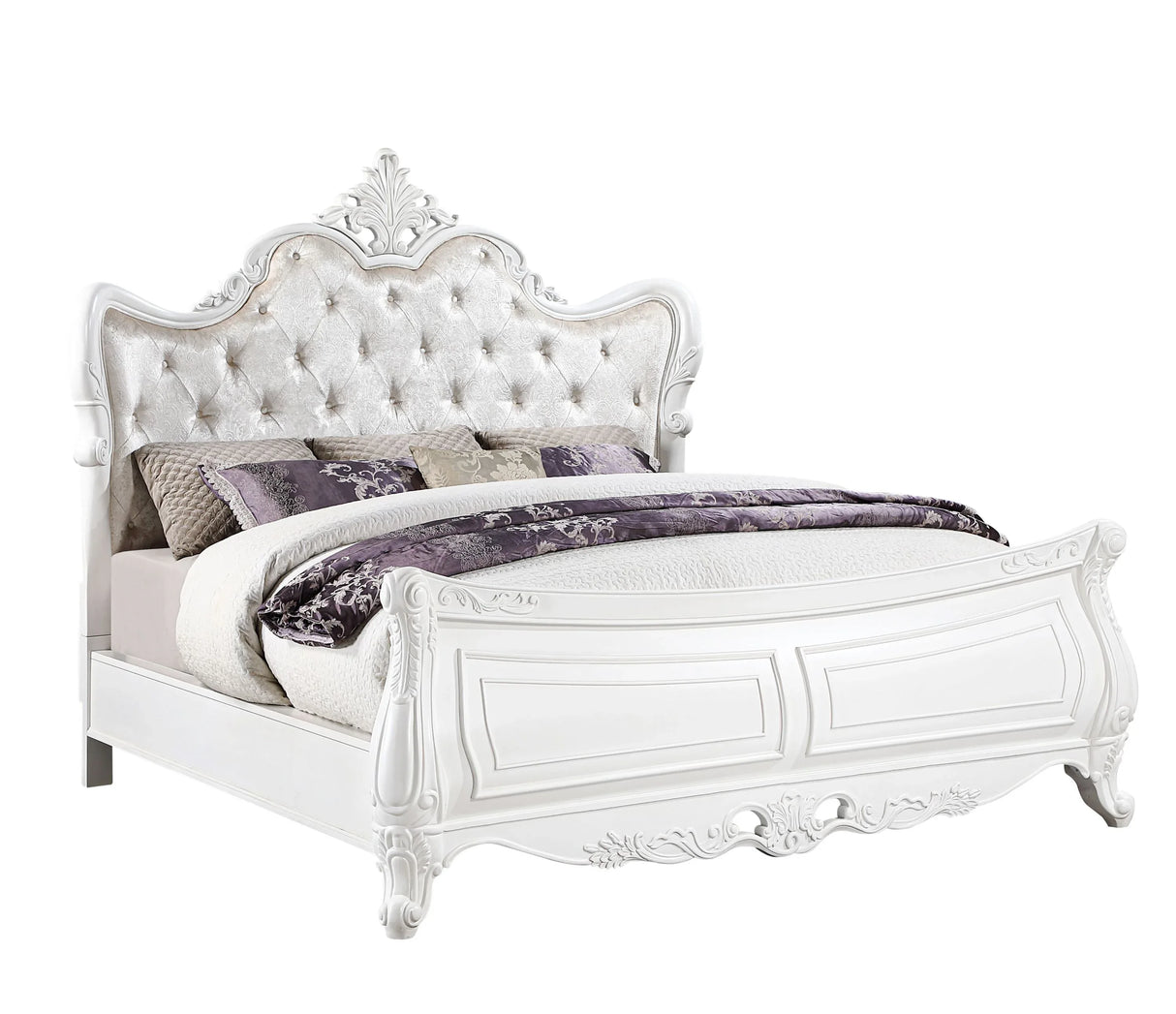 Traditional White Velvet Upholstered Queen Bed Frame - Omega Lifestyles