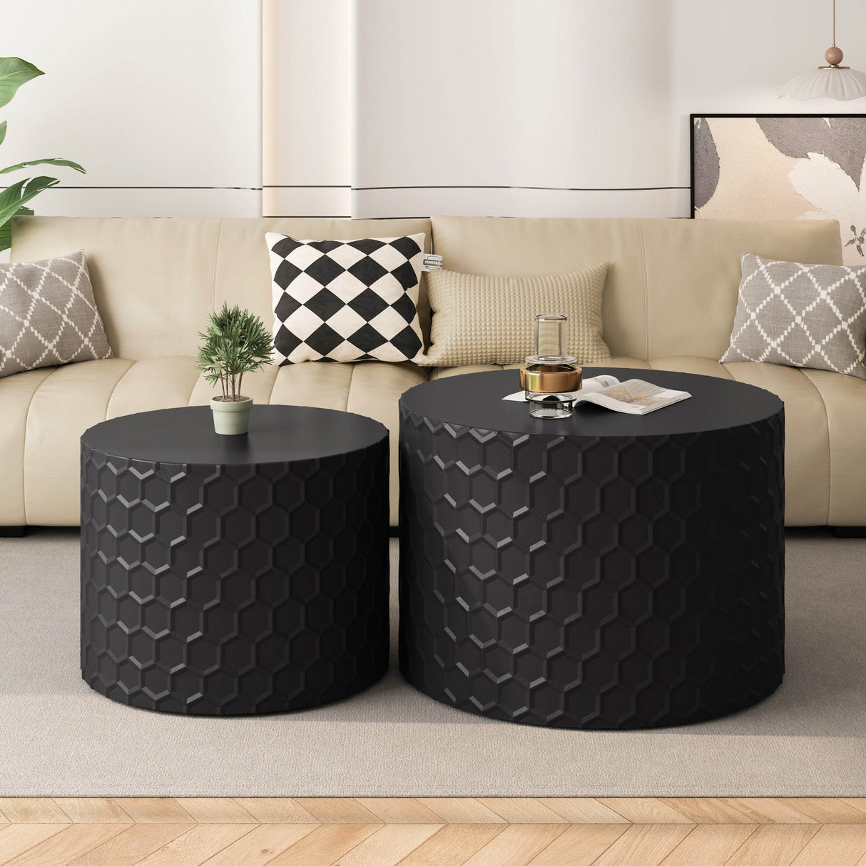 2-Piece Honeycomb Nesting Round MDF Coffee Table Set - Sleep Galleria