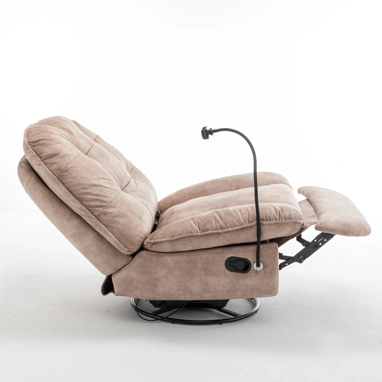Modern Soft Velvet Swivel Gliding Recliner Chair With Phone Holder - Omega Lifestyles