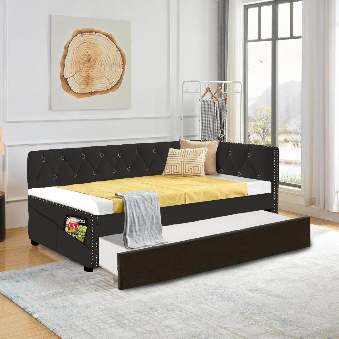 Black Velvet Upholstered Twin Size Daybed Frame With Trundle