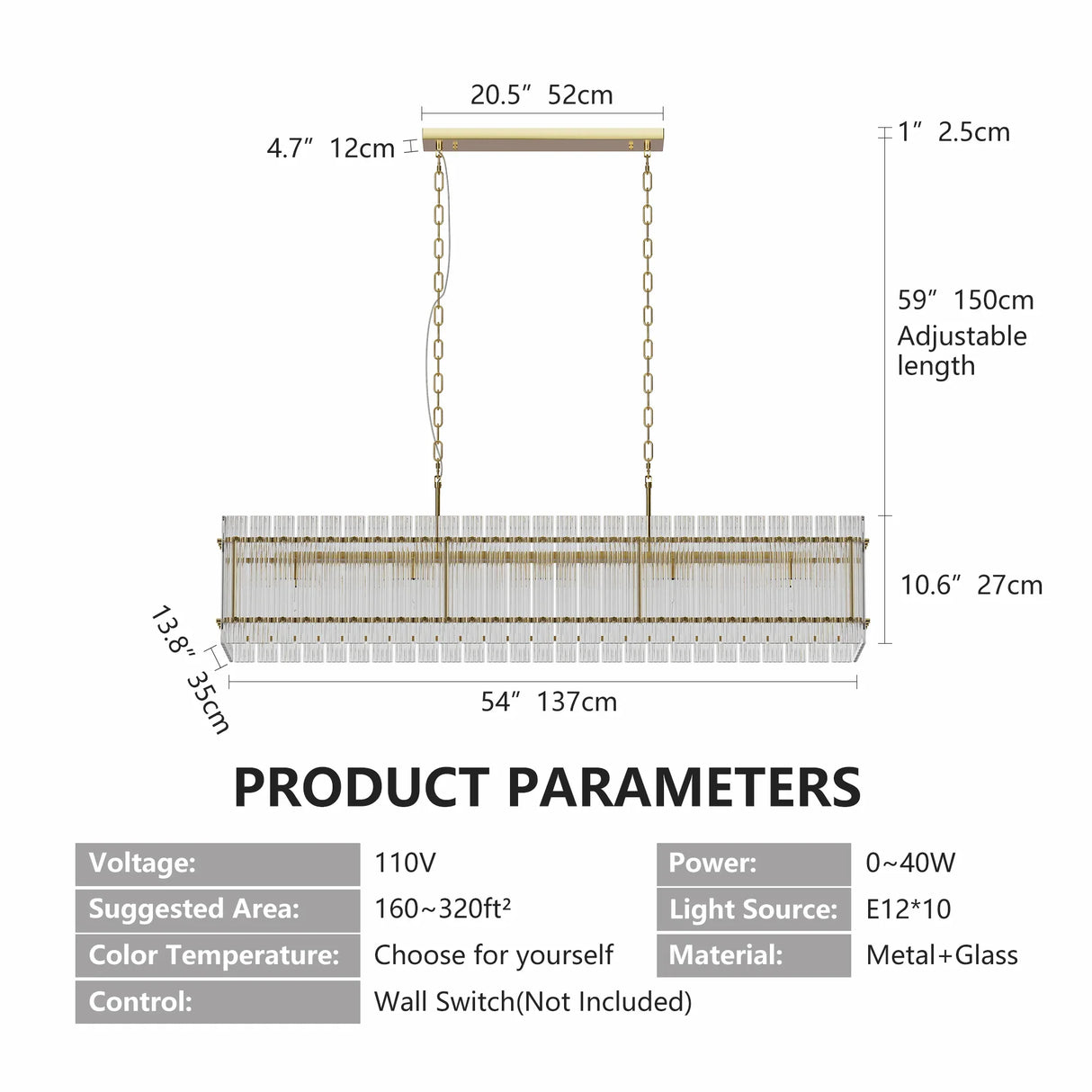 Modern Rectangular Crystal Glass 10-Light Gold Chandelier - Omega Lifestyles