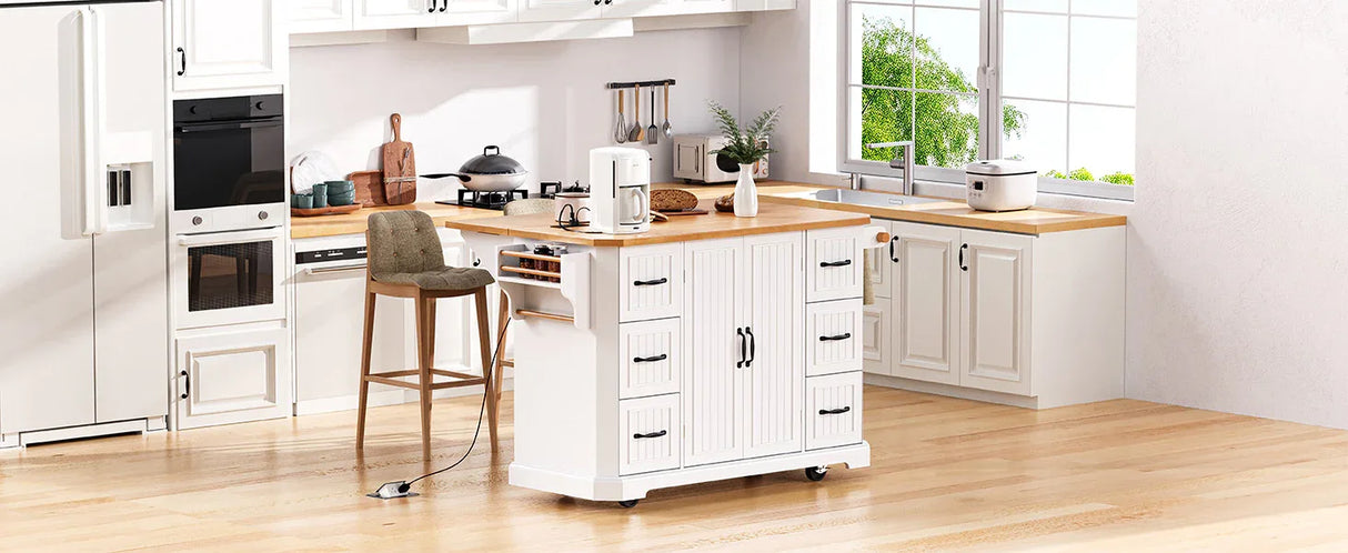 Rustic White Rubber Wood Rolling Kitchen Island Cart - Omega Lifestyles