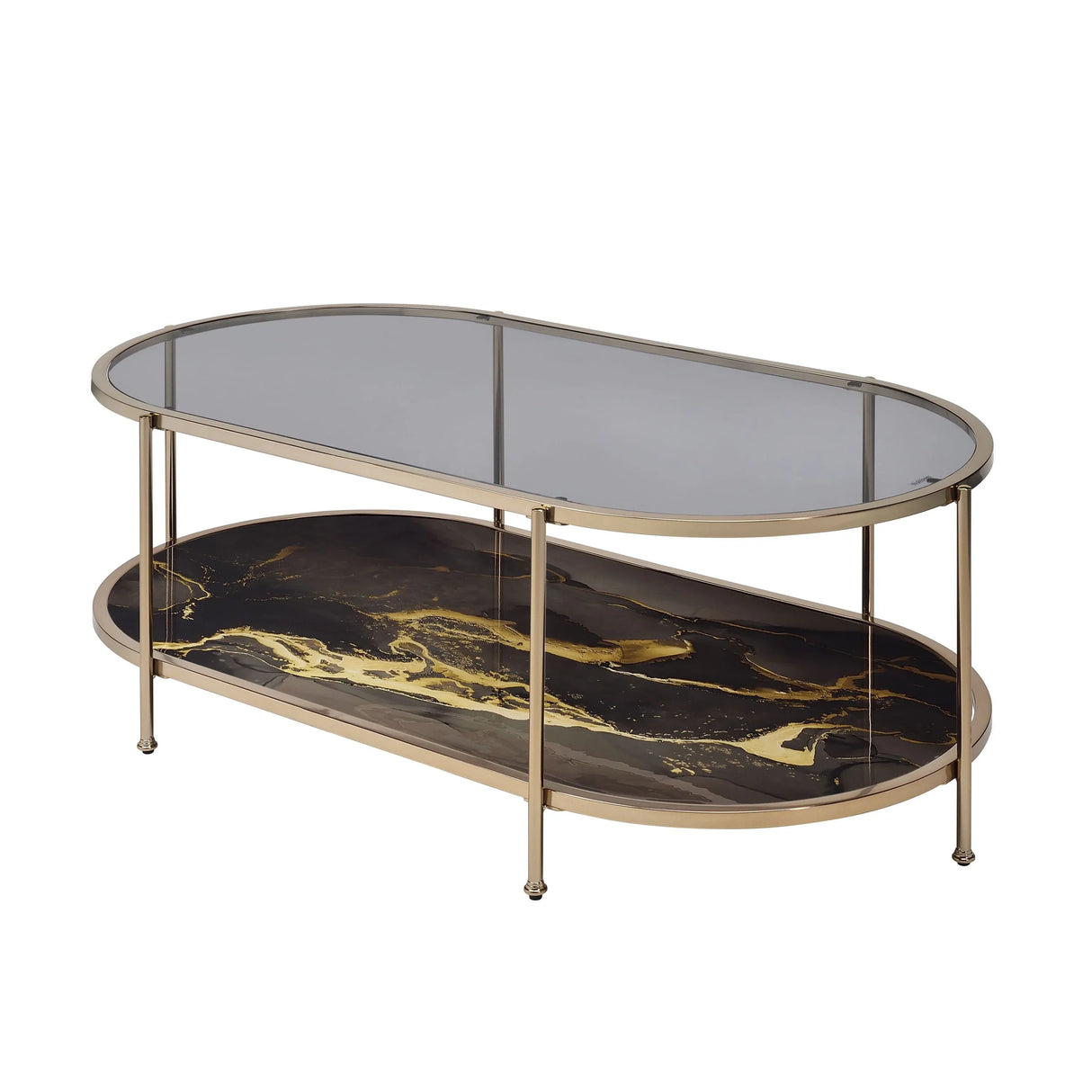 Black Marble Glass Top Metal Coffee Table With Shelf - Omega Lifestyles