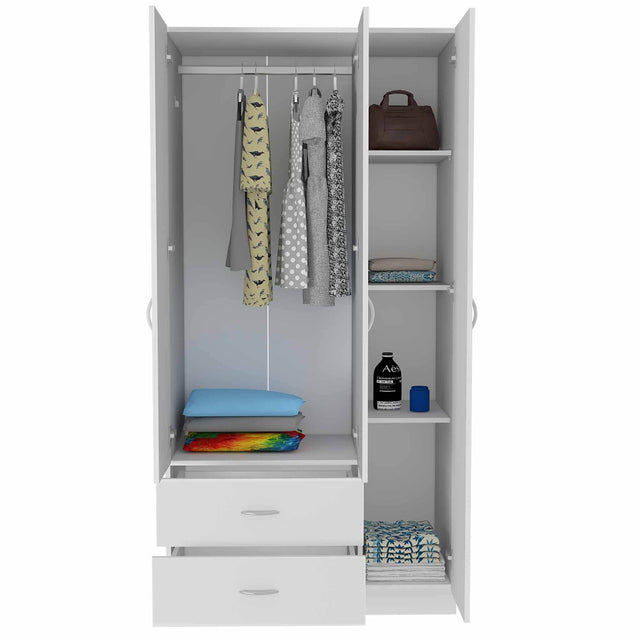 Modern White Particle Board Bedroom Armoire With Shelves Drawers Hanging - Omega Lifestyles