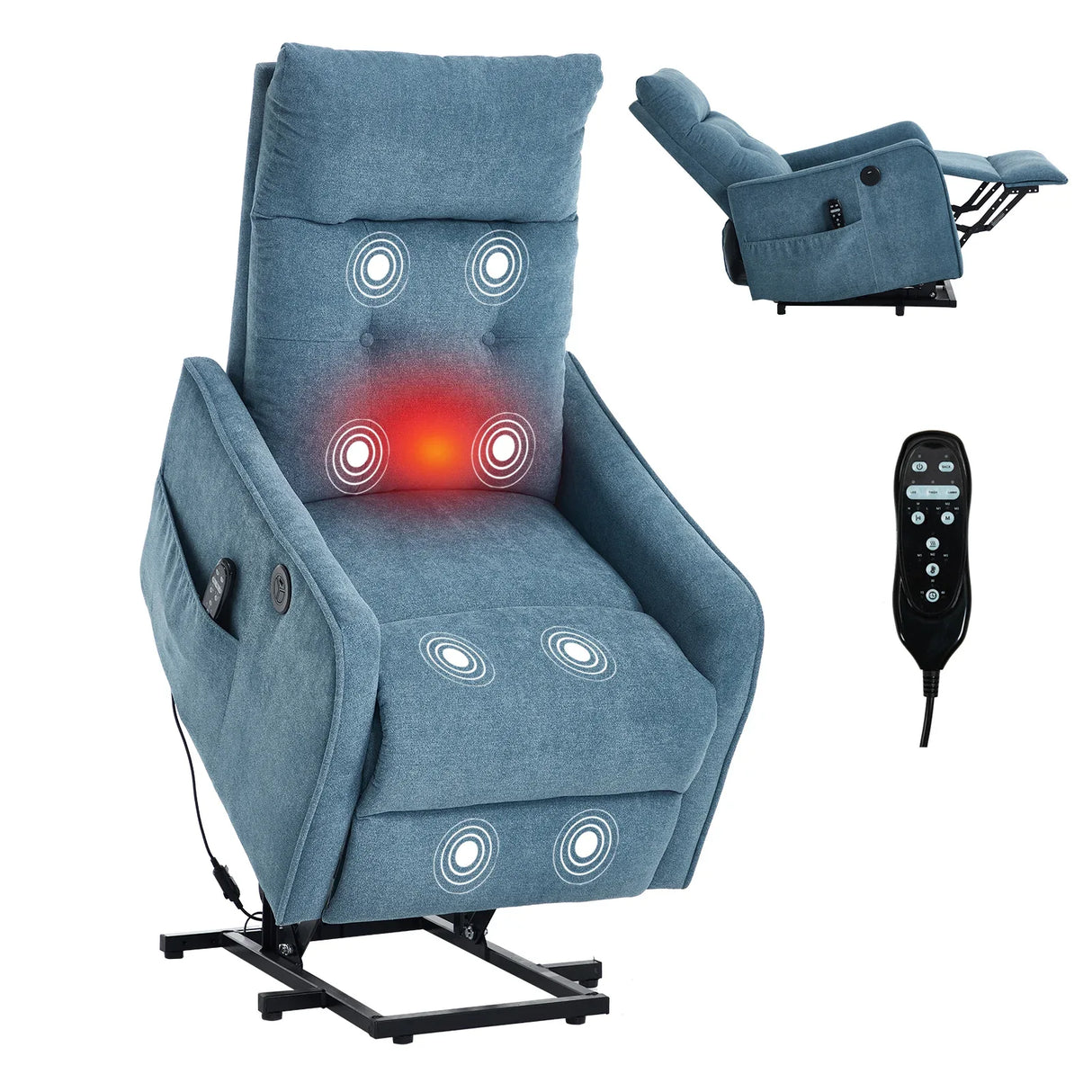 Blue Chenille Medium-Firm Power Lift Massage Recliner Chair - Omega Lifestyles