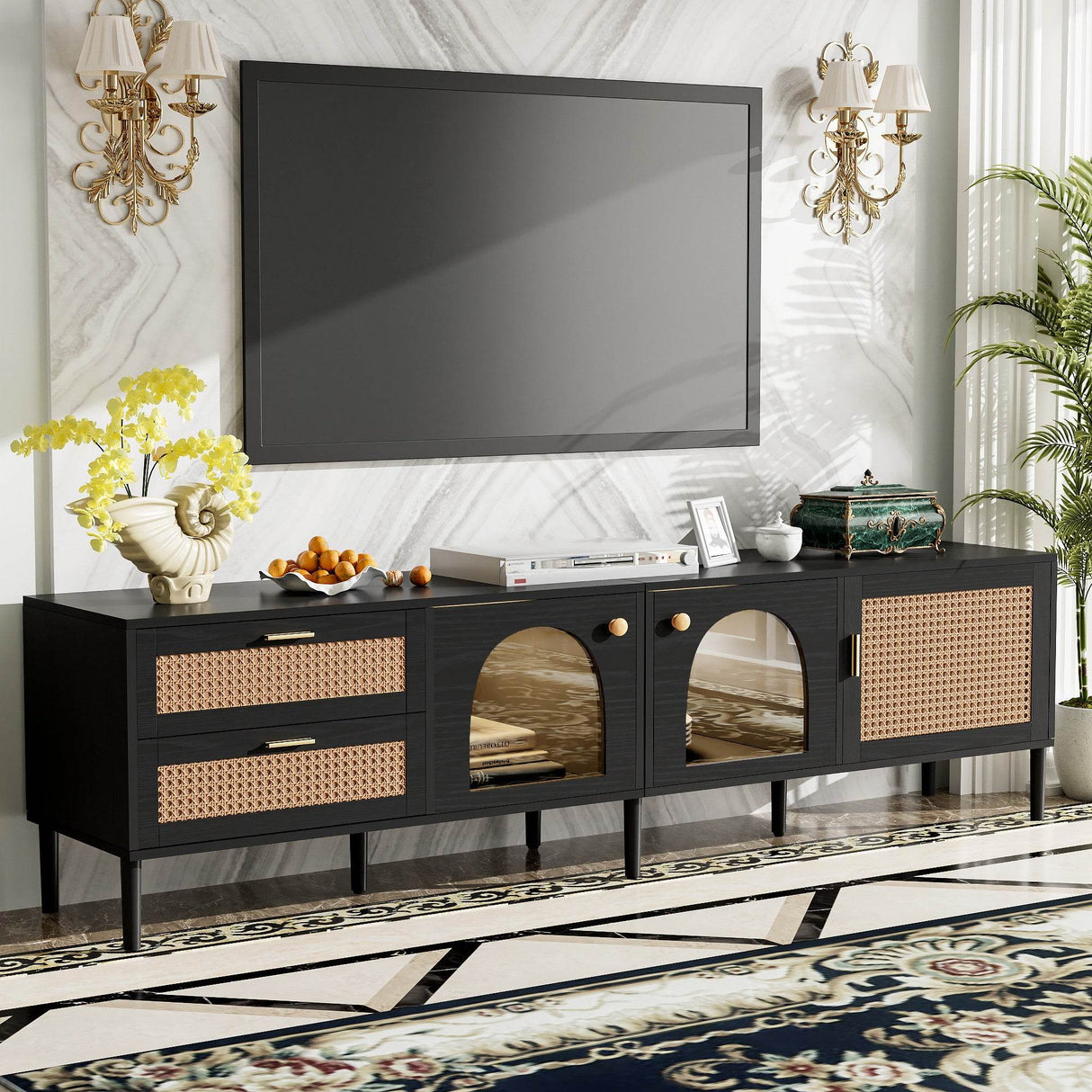 Modern Rattan-Inspired TV Stand With Storage Cabinets - Sleep Galleria
