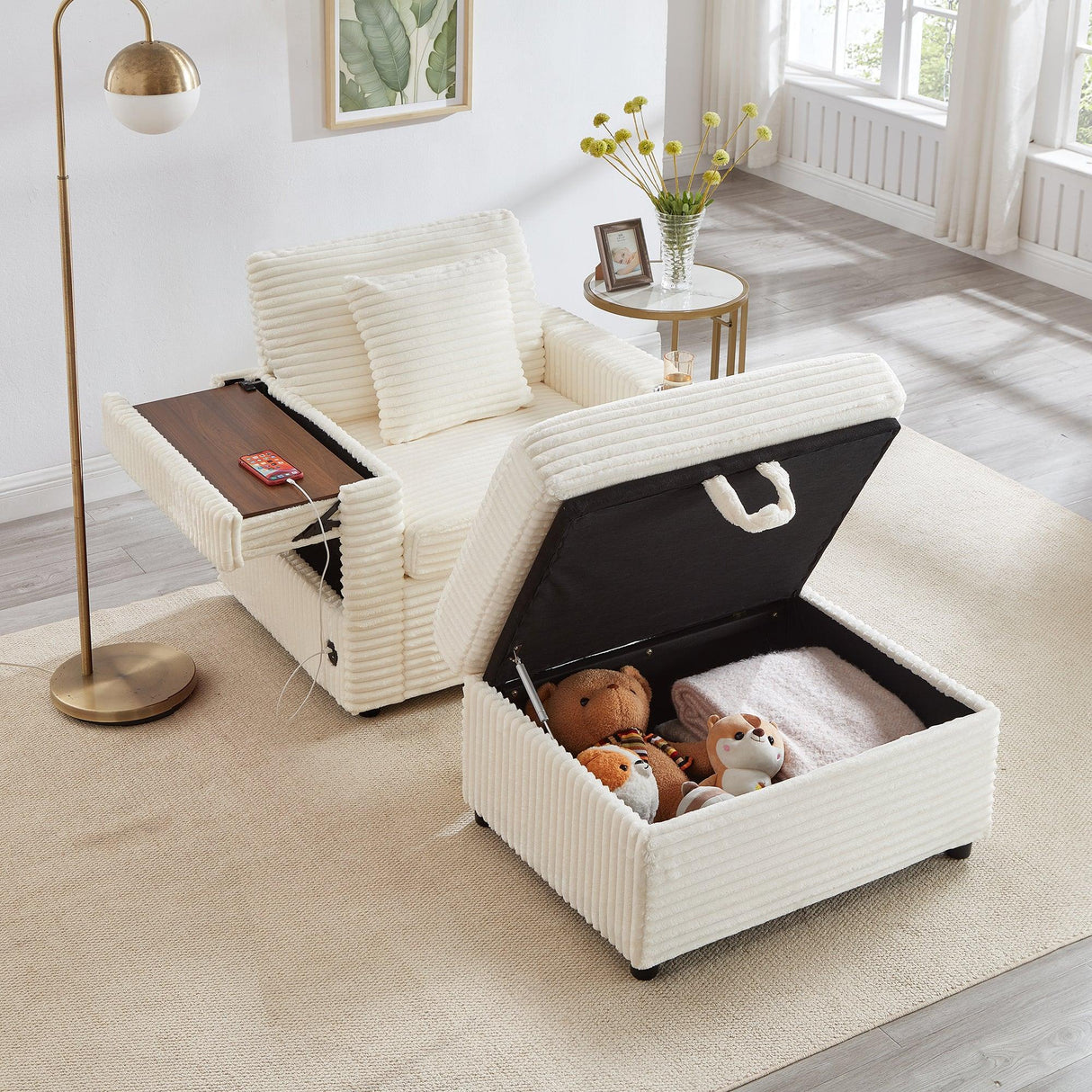 Corduroy Multifunctional Storage Ottoman Sofa With Table - Omega Lifestyles