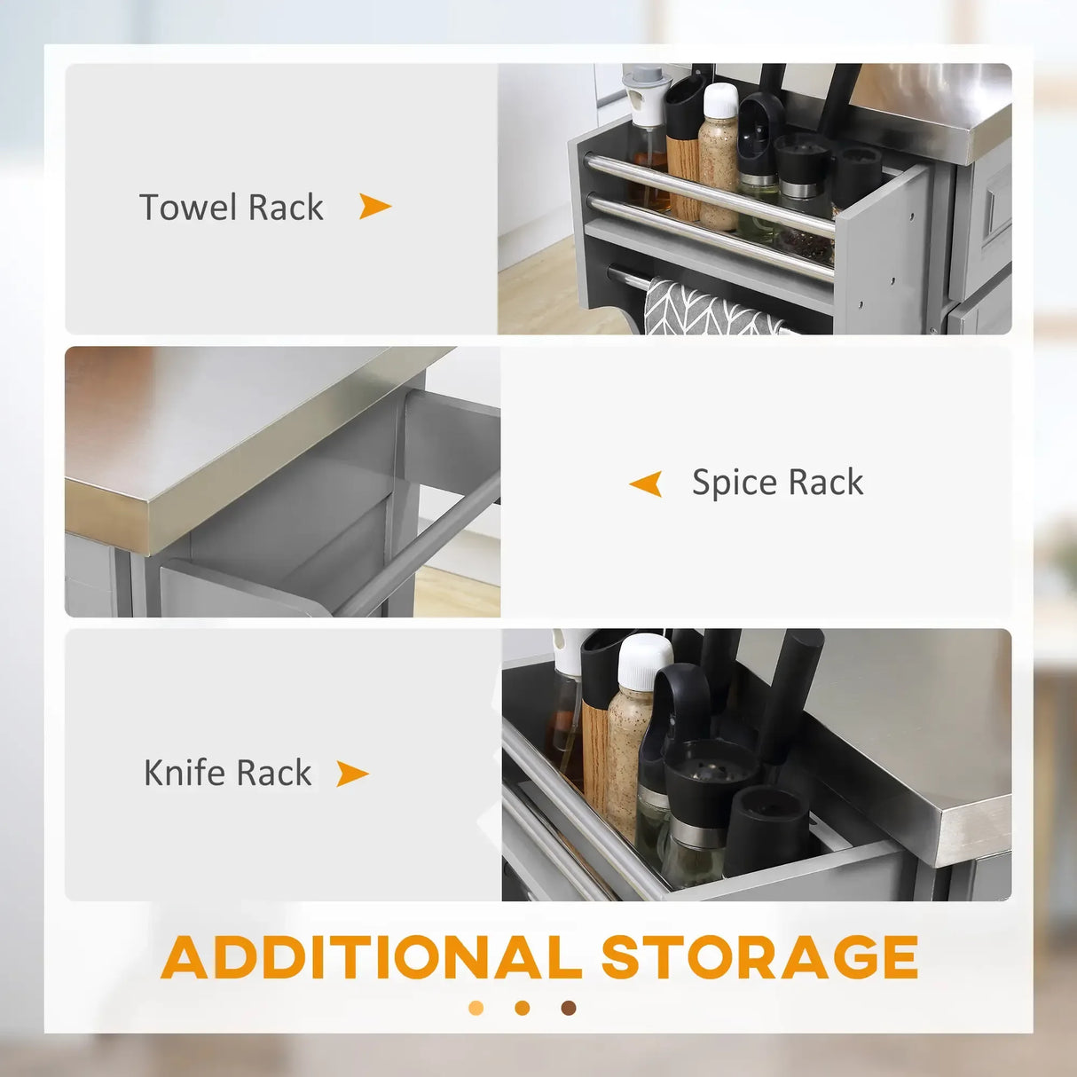 Rolling Kitchen Island Cart With Drawers Spice Knife Rack - Omega Lifestyles