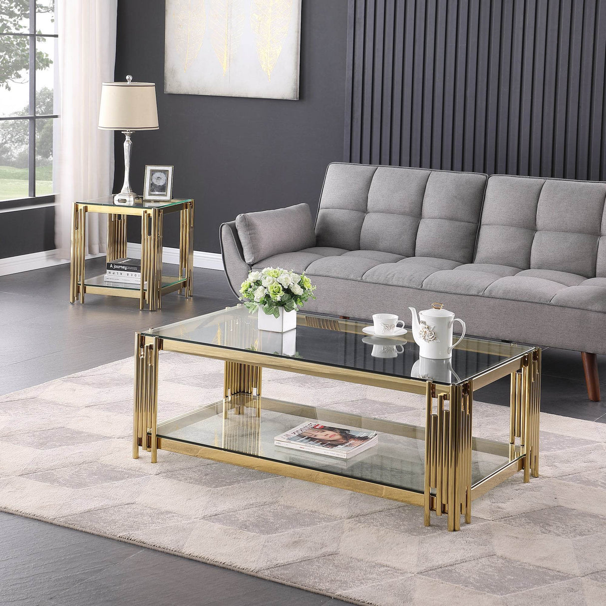 Rectangular Tempered Glass Coffee Table With Golden Stainless Steel Legs - Sleep Galleria
