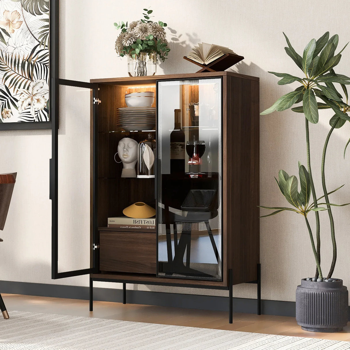 Modern Minimalist LED Curio Cabinet With Tempered Glass Doors - Omega Lifestyles