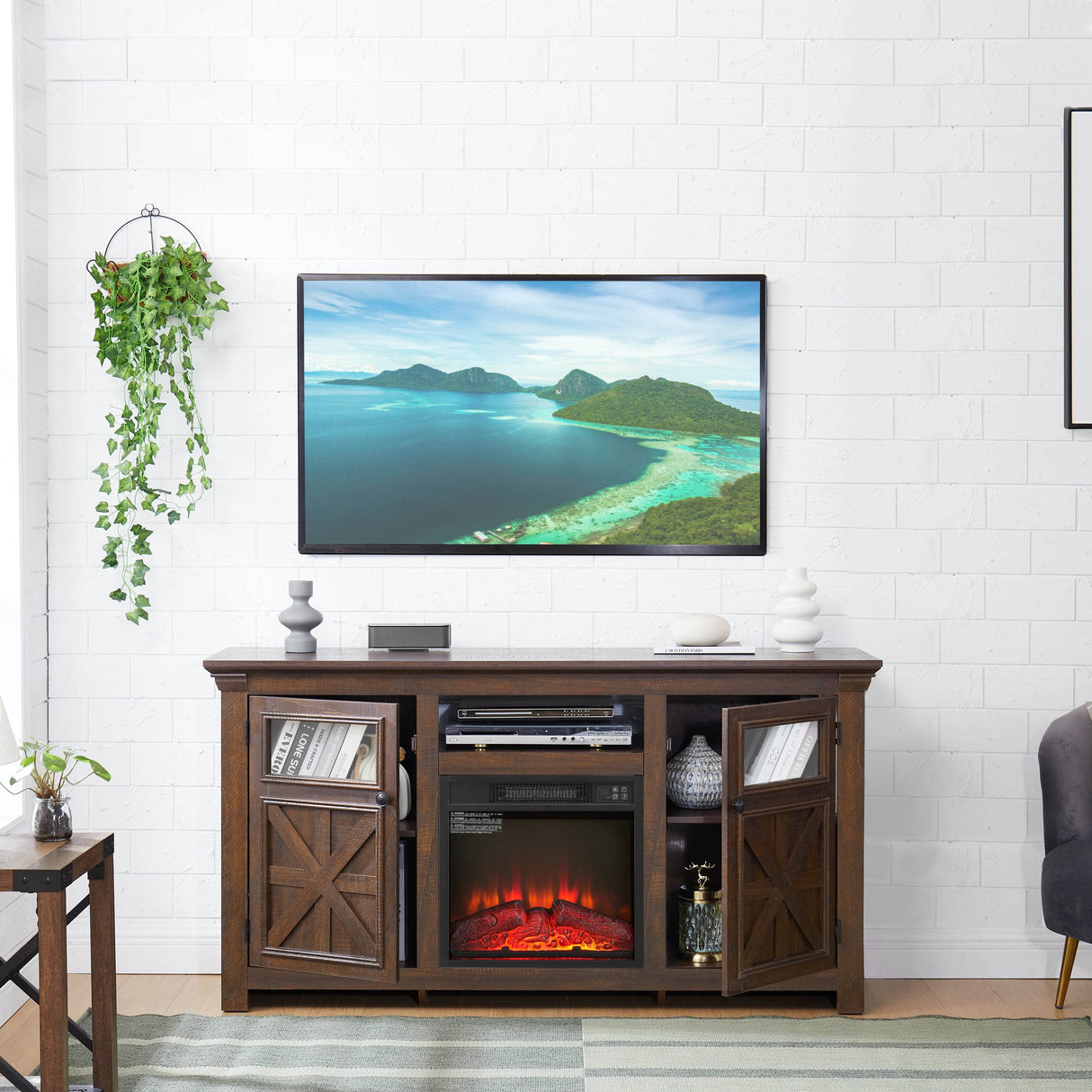 Farmhouse Espresso TV Stand With Fireplace Insert - Sleep Galleria