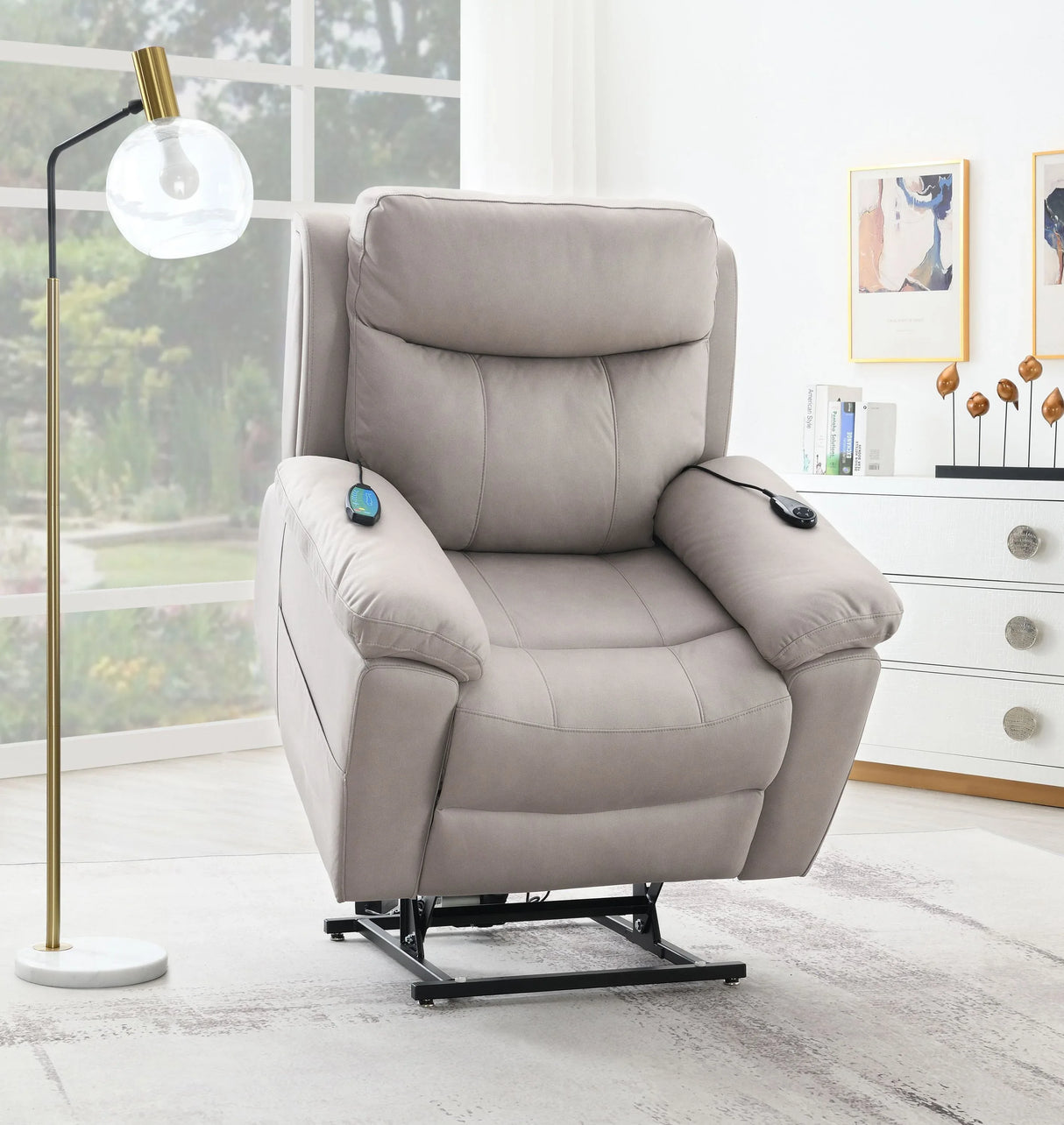 Light Gray Polished Microfiber Power Lift Heating Massage Chair - Omega Lifestyles