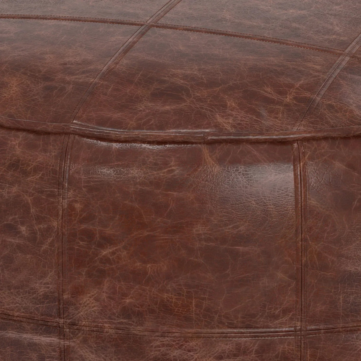 Distressed Brown Genuine Buffalo Leather Round Pouf - Omega Lifestyles