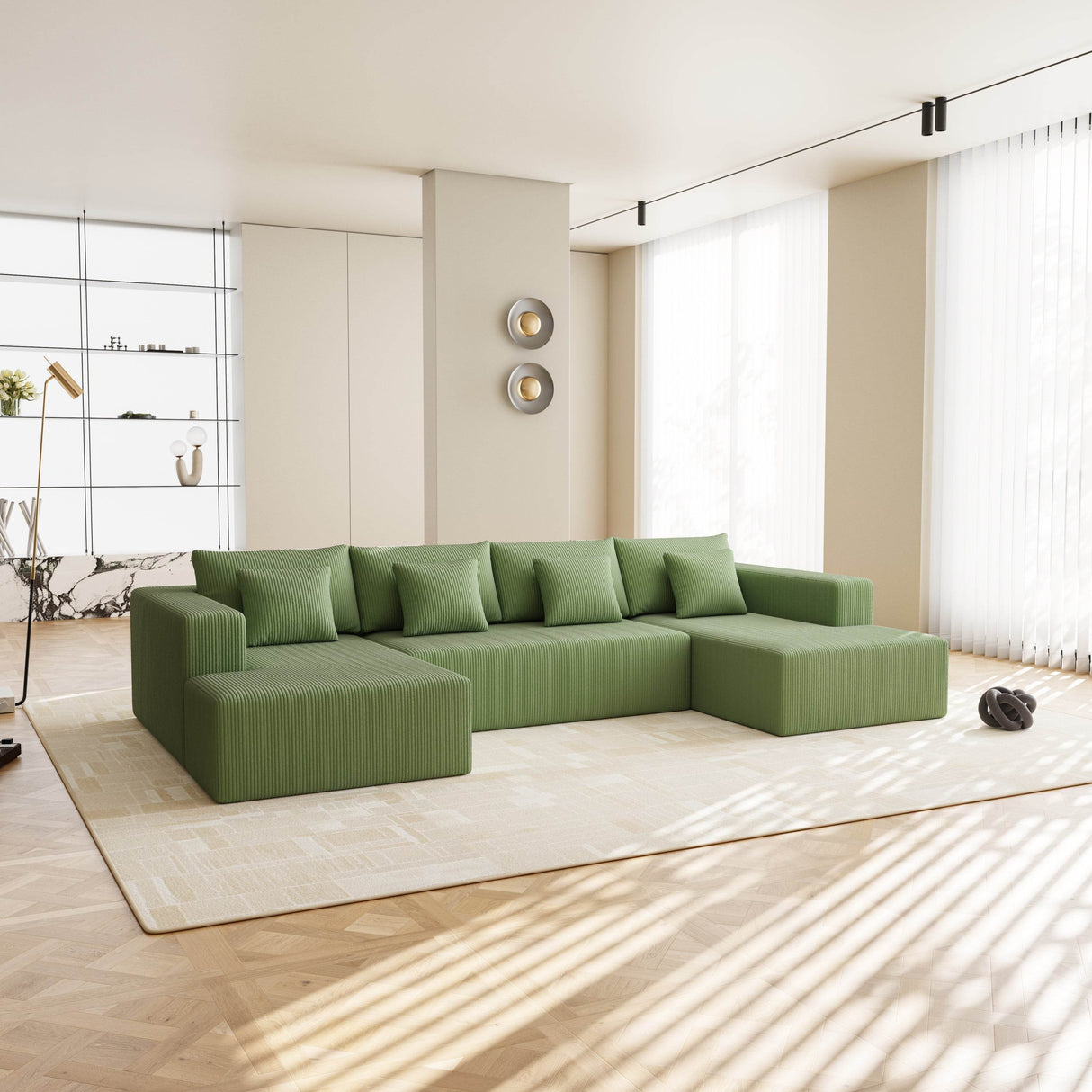 Corduroy U-Shaped Modular Sectional Sofa With Plush Cushions - Omega Lifestyles
