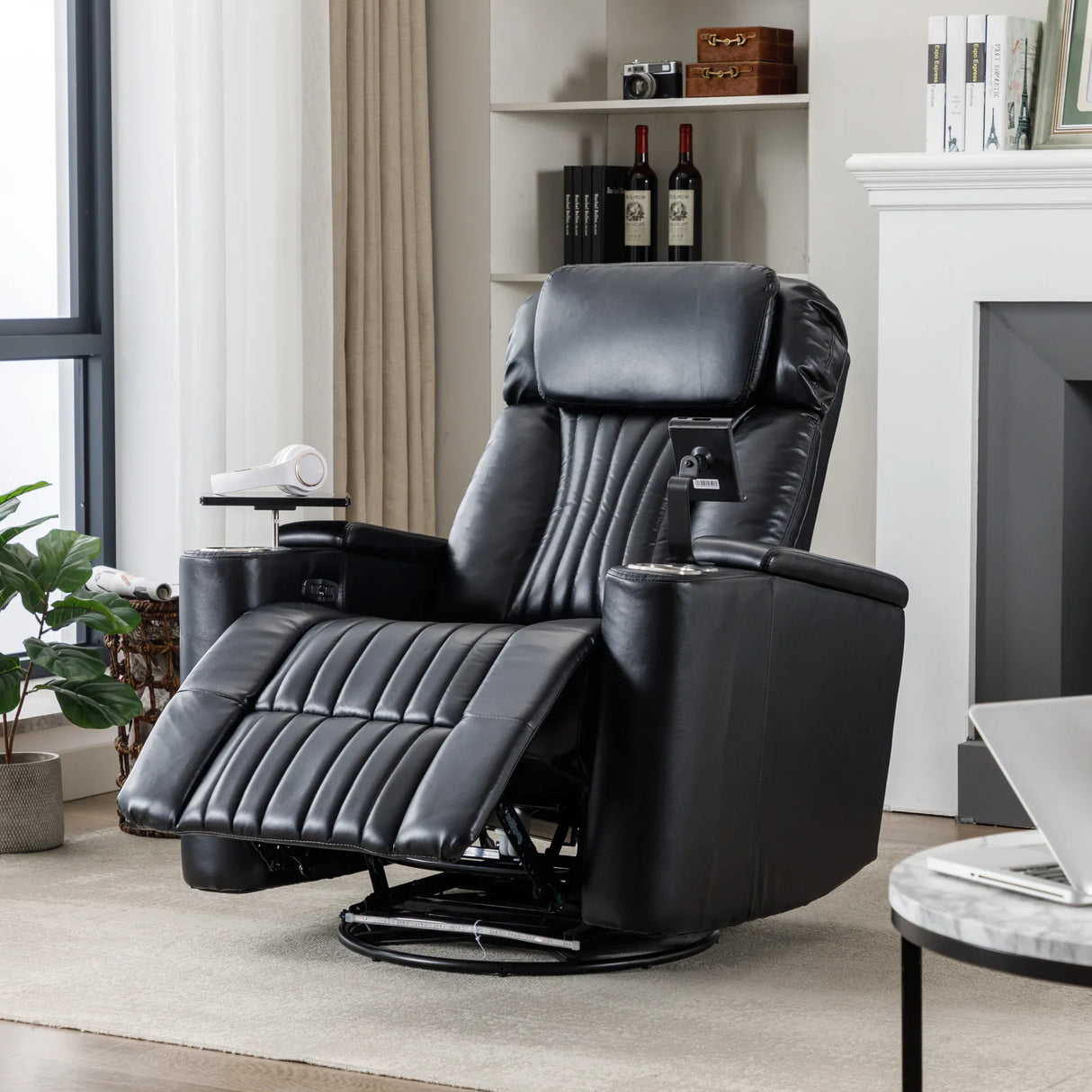 Power Swivel PU Leather Recliner Chair With Tray Table - Omega Lifestyles