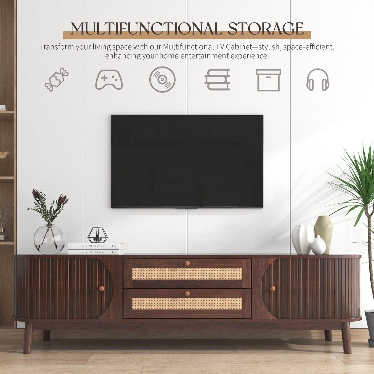 Modern Farmhouse Rattan TV Stand With Storage Cabinet - Sleep Galleria