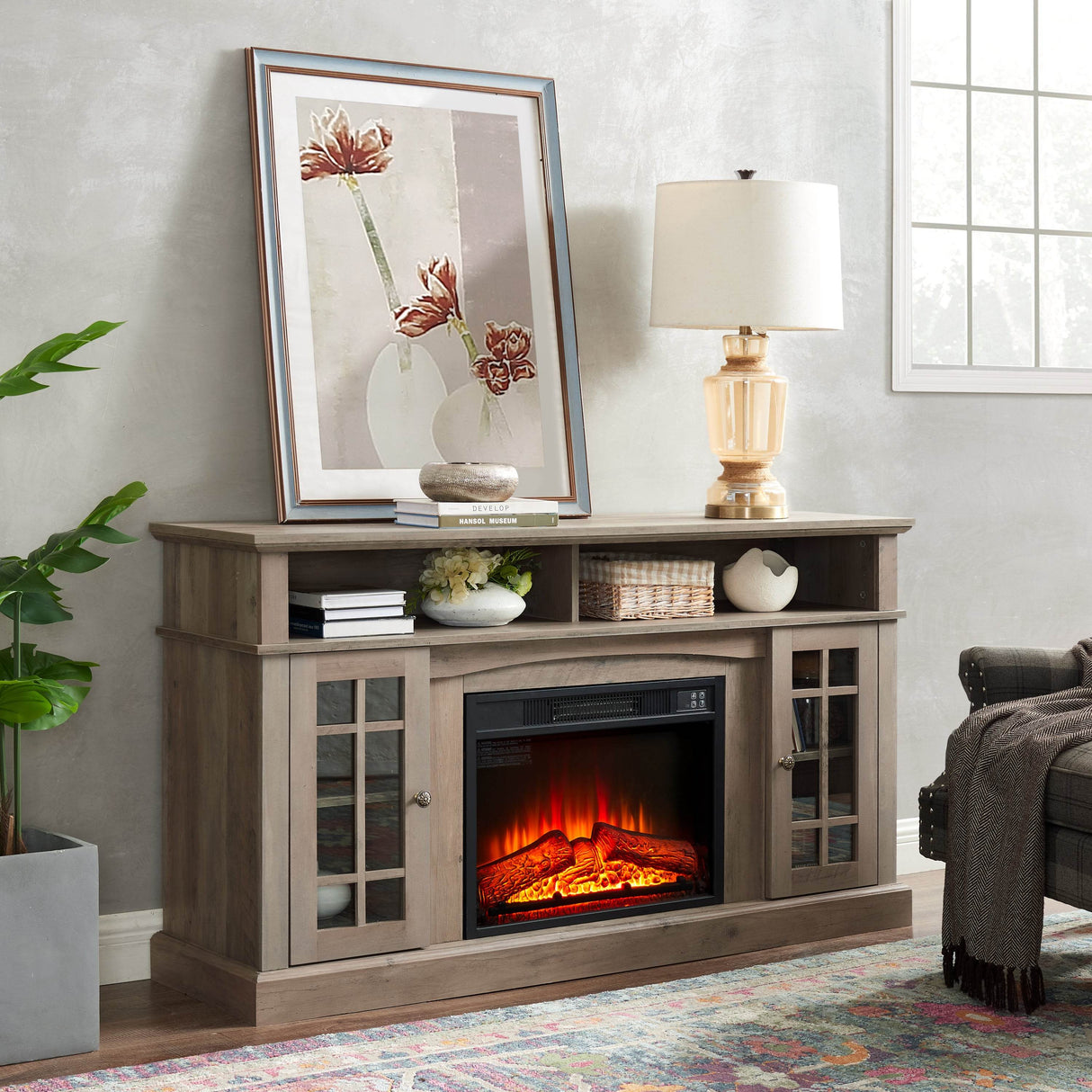American Traditional Gray Wash Fireplace TV Stand Console - Sleep Galleria
